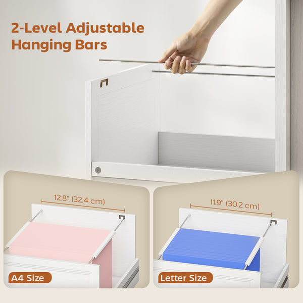 Enclosed filing cabinet with drawers, adjustable A4/Letter hanging file rails, white