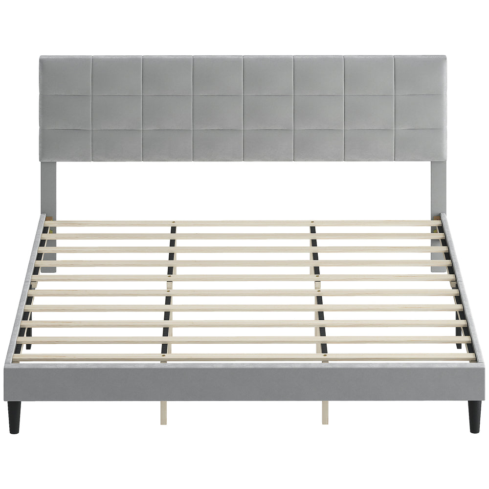 Cadre de lit king size avec tête de lit rembourrée, lattes en bois, capacité de charge de 500 kg, gris