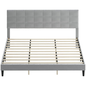 Cadre de lit king size avec tête de lit rembourrée, lattes en bois, capacité de charge de 500 kg, gris