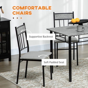 Ensemble de salle à manger 5 pièces pour 4 personnes, avec plateau effet marbre, chaises rembourrées et structure en métal gris.
