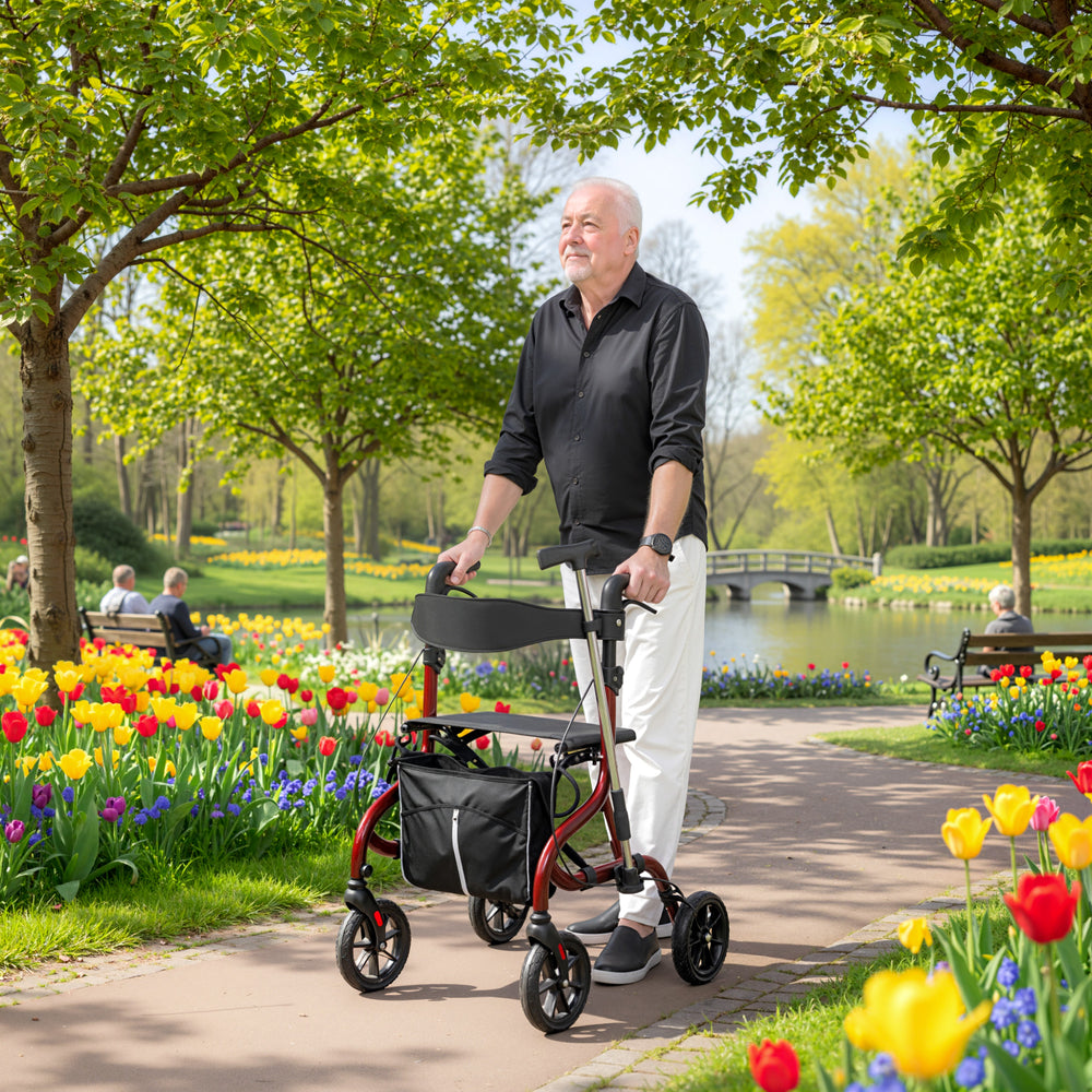 Déambulateur pliable avec siège pour seniors, léger à roulettes avec poignées réglables, rouge