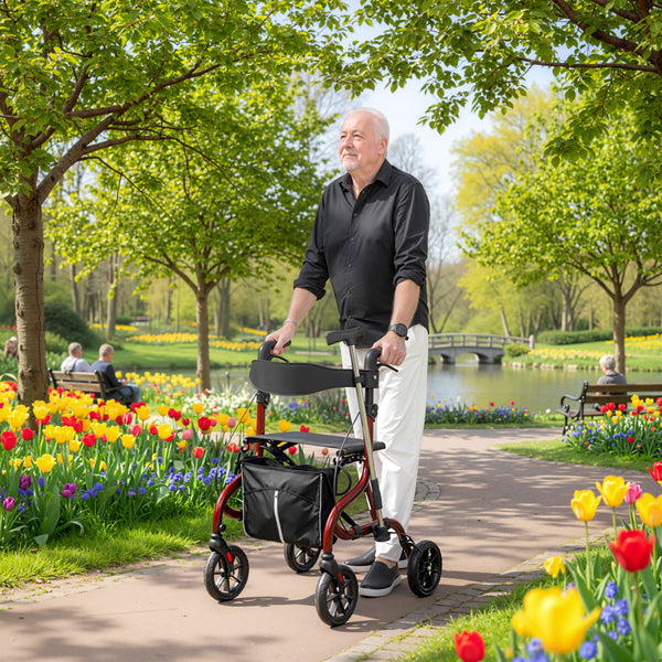 Déambulateur pliable avec siège pour seniors, léger à roulettes avec poignées réglables, rouge
