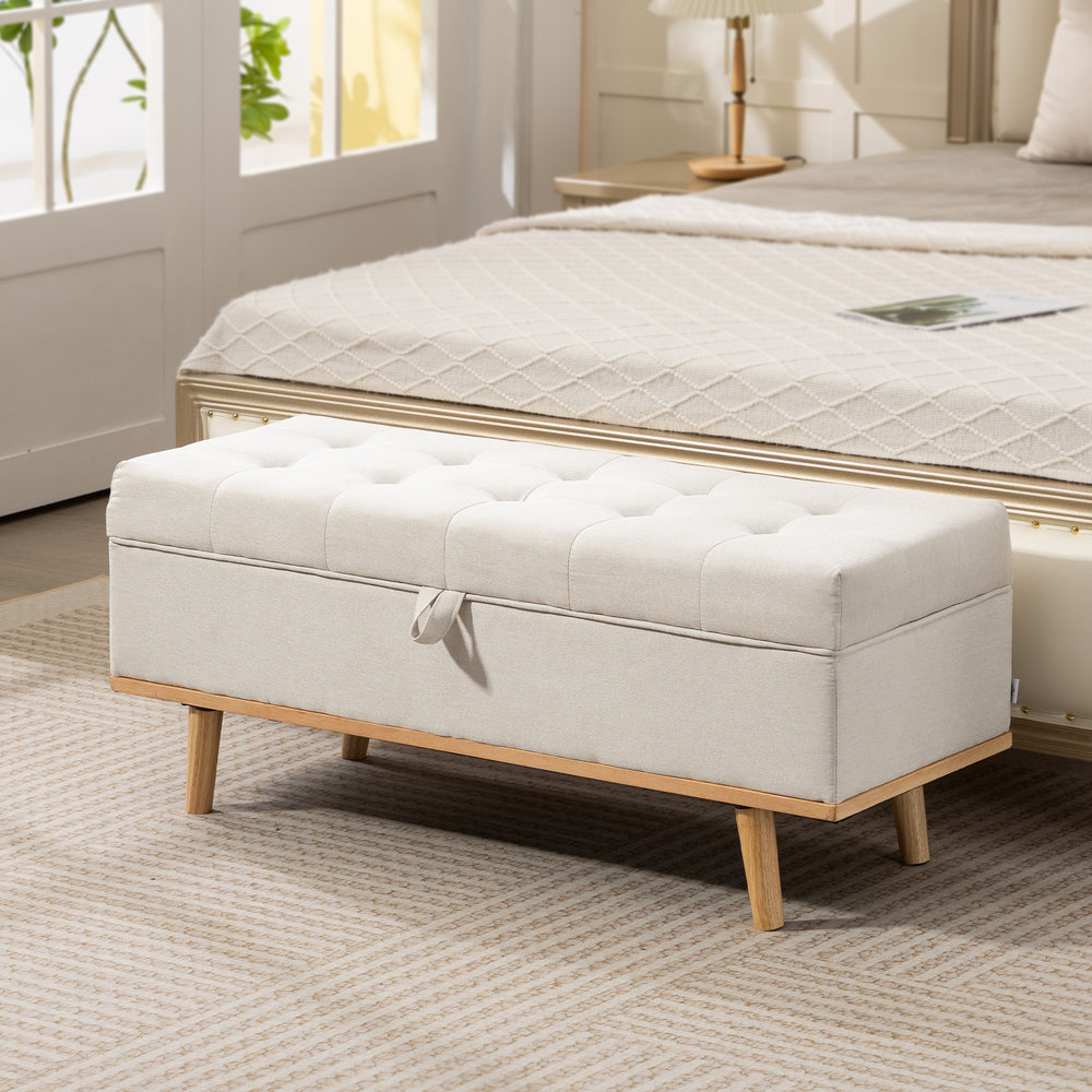 Banc ottoman de rangement avec couvercle relevable et pieds en bois, blanc crème