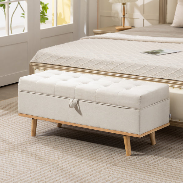 Banc ottoman de rangement avec couvercle relevable et pieds en bois, blanc crème