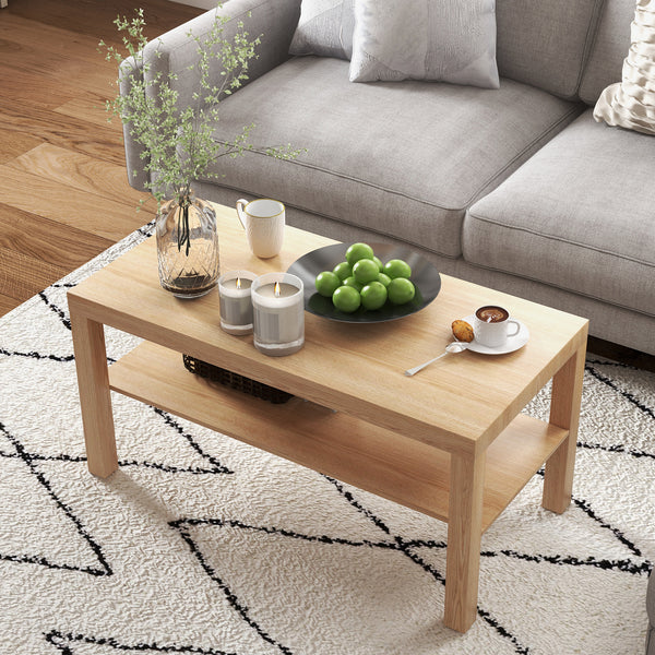 Table basse à deux niveaux avec étagère de rangement, couleur bois naturel