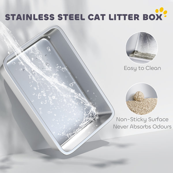 Bac à litière XL en acier inoxydable pour chats de toutes les tailles avec parois latérales hautes