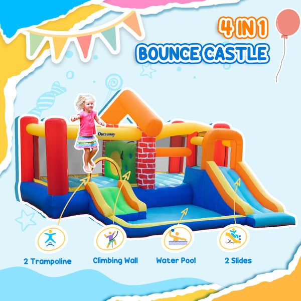 4 en 1 Maison gonflable pour enfants Thème château Extra large Double toboggans et trampoline Design Mur d'escalade de piscine gonflable avec sac de transport Souffleur d'air