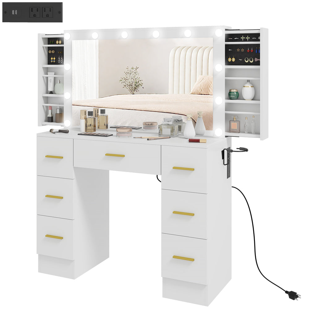 Coiffeuse avec éclairage, 7 tiroirs et 6 compartiments de rangement, blanche