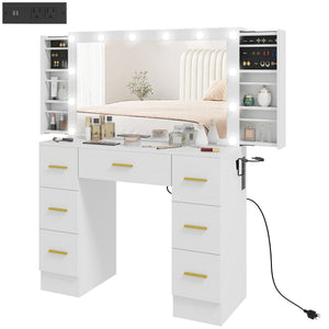 Coiffeuse avec éclairage, 7 tiroirs et 6 compartiments de rangement, blanche