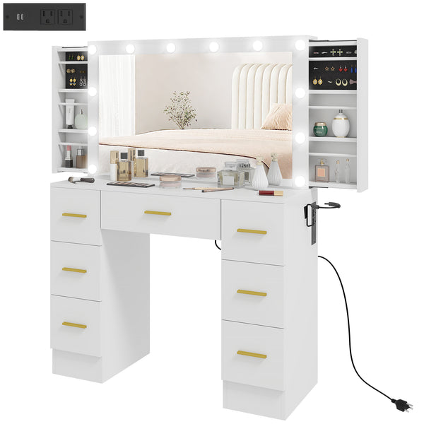 Coiffeuse avec éclairage, 7 tiroirs et 6 compartiments de rangement, blanche