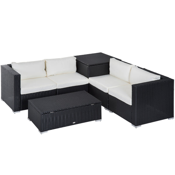 Ensemble de mobilier 6 pièces avec canapé d'angle en rotin, table de rangement et table basse, beige