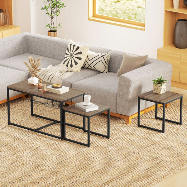 Lot de 3 tables basses gigognes avec cadre en métal, marron