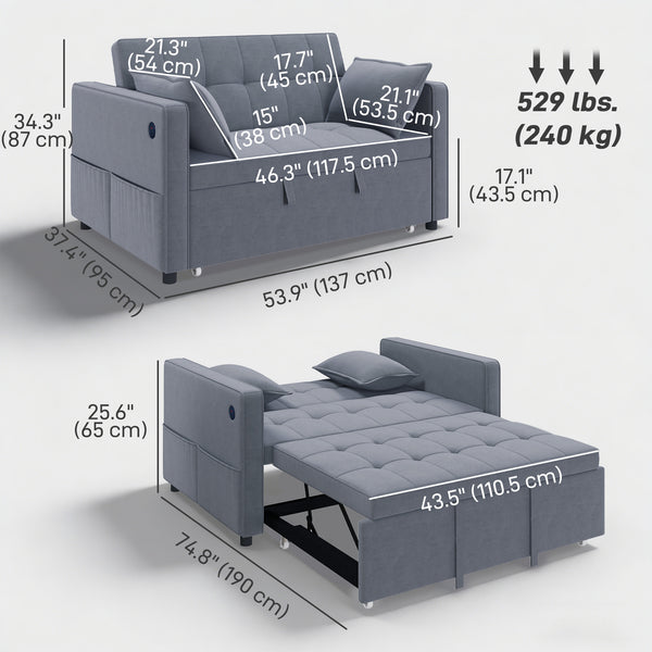 3‑in‑1 Convertible Sofa Bed, Pull Out Sleeper Sofa with USB Charging, Adjustable Backrest, Side Pockets, Dark Gray