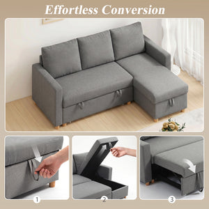 83" Sofa Bed, Pull Out Sleeper L Shaped Sectional Couch with Reversible Storage Chaise, Wide and Deep Seat, Light Grey