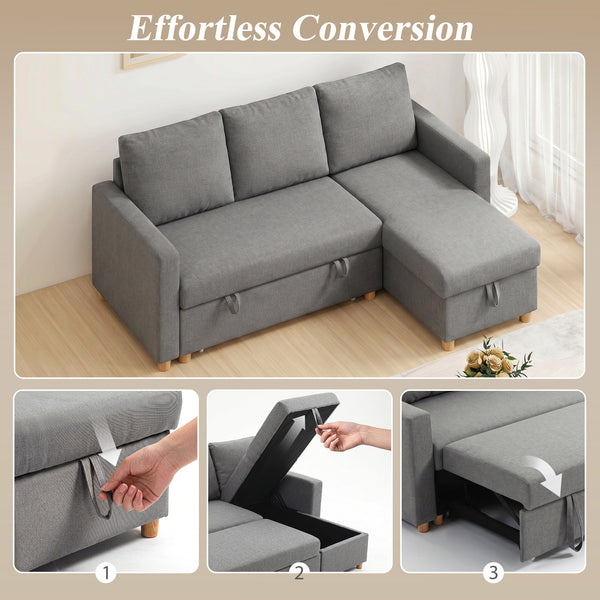 83" Sofa Bed, Pull Out Sleeper L Shaped Sectional Couch with Reversible Storage Chaise, Wide and Deep Seat, Light Grey