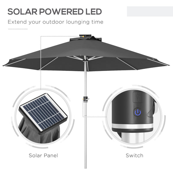Parasol lumineux à LED de 9,6 pieds avec 4 modes d'éclairage, chargement solaire et USB, gris anthracite