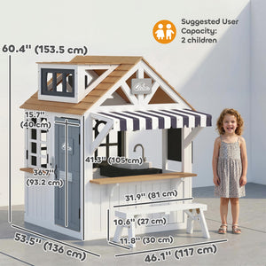 Maisonnette en bois pour enfants avec chatière, ustensiles de cuisine, tableau noir, banc et sonnette