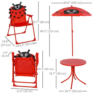 Kids Folding Picnic Table and Chair Set Pattern Outdoor Garden Patio Backyard with Removable & Height Adjustable Sun Umbrella Red