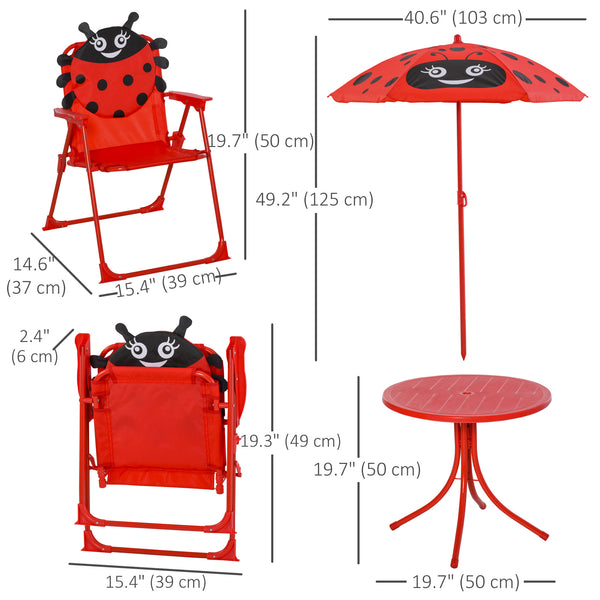 Kids Folding Picnic Table and Chair Set Pattern Outdoor Garden Patio Backyard with Removable & Height Adjustable Sun Umbrella Red