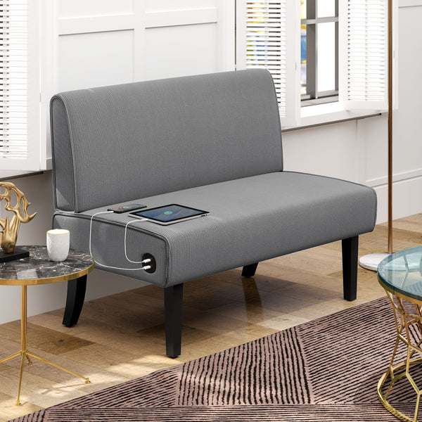 Canapé 2 places avec ports USB en velours côtelé avec pieds en bois, gris