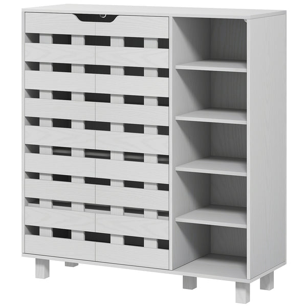 Meuble de rangement pour 21 paires de chaussures avec armoire à double porte à 5 niveaux et étagères ouvertes à 5 niveaux, blanc