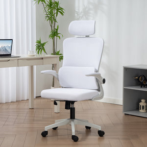 High-back mesh office chair with swivel headrest, cream white