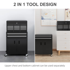 2-in-1 lockable 6-drawer rolling tool chest with hooks, black