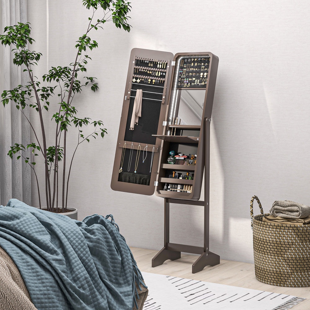 Armoire à bijoux sur pied avec miroir, éclairage LED, marron