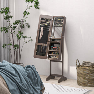 Armoire à bijoux sur pied avec miroir, éclairage LED, marron