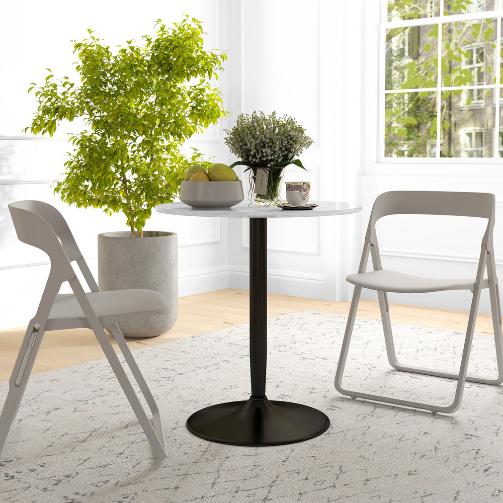 Table de cuisine moderne pour 2 personnes, ronde avec piètement en acier, marbre blanc