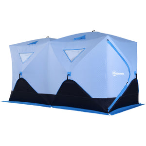 Insulated ice fishing shelter for 8 people with ventilation windows and carry bag, for temperatures down to -30°C, blue