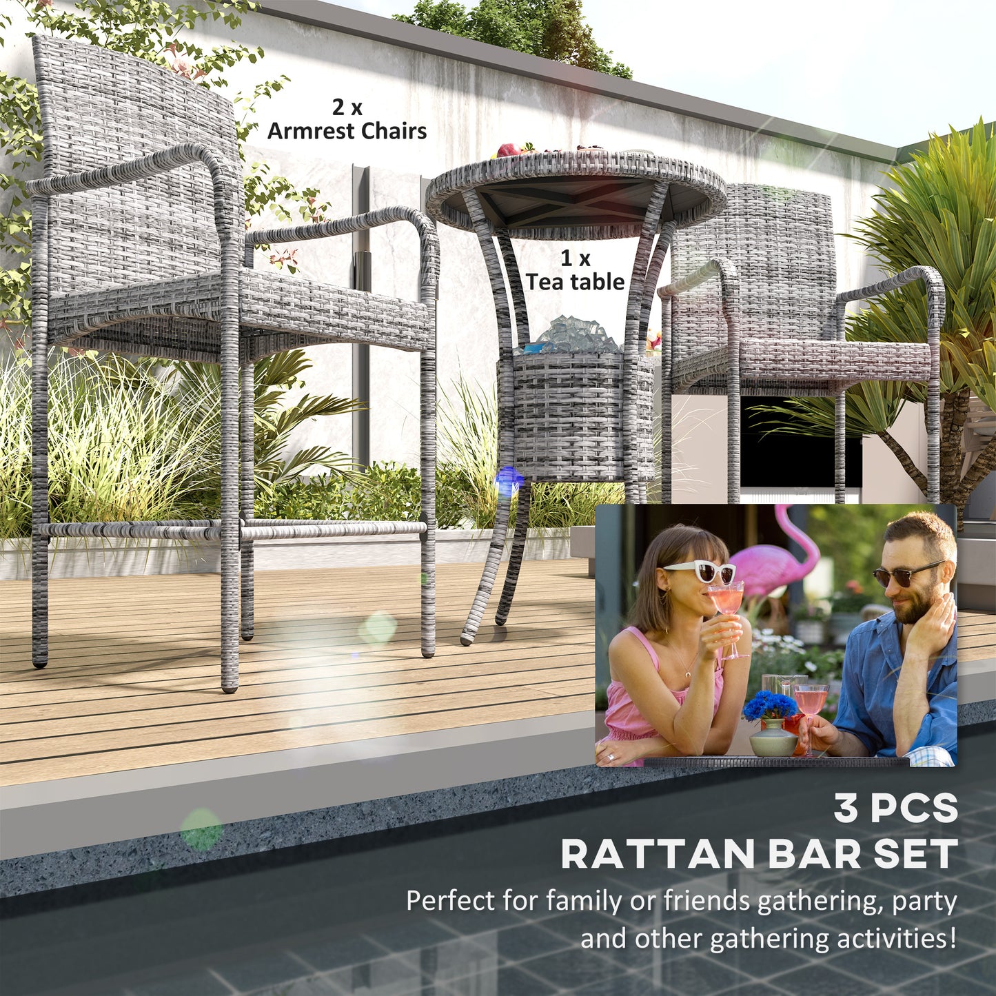 Outsunny 3 Piece Patio Bar Set, Rattan Bistro Table and Chairs, Garden Furniture with Ice Bucket, Grey Mix