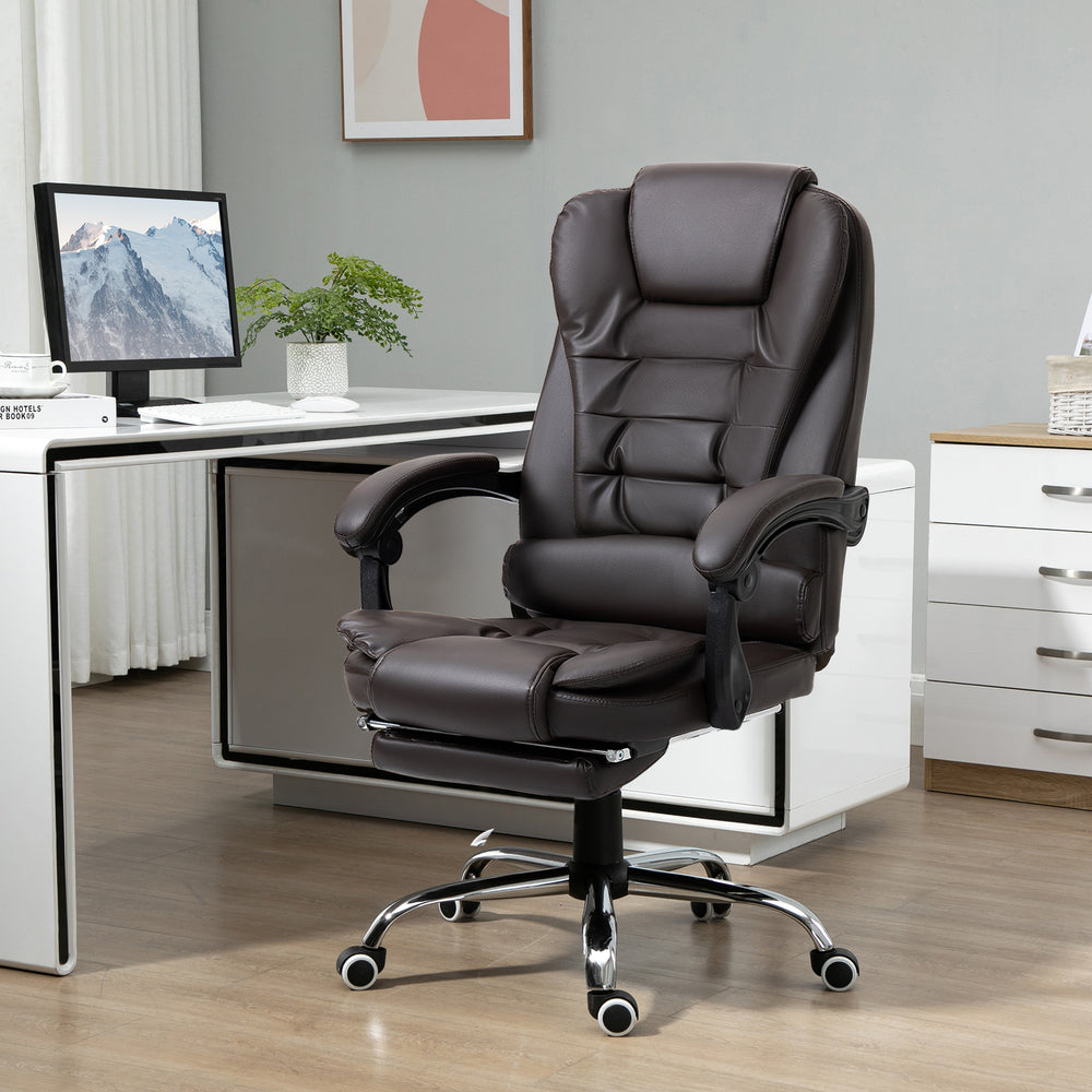 Fauteuil de bureau à dossier haut en cuir PU avec repose-pieds, couleur café