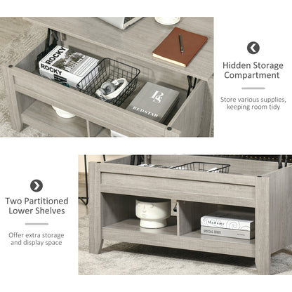 Table basse relevable avec compartiment de rangement dissimulé et étagères ouvertes pour salon, gris clair