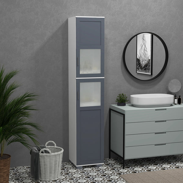 Meuble de rangement de salle de bain avec portes en verre mat et étagères à 5 niveaux, blanc et gris