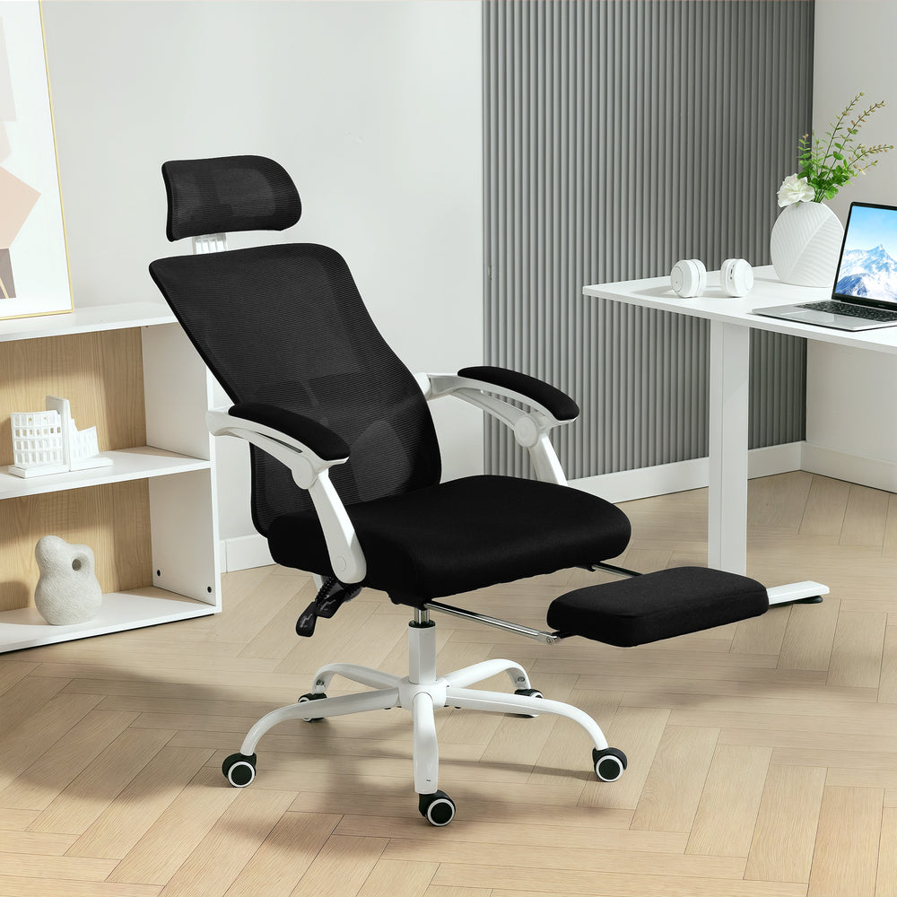 Chaise de bureau ergonomique inclinable en maille avec soutien lombaire et appui-tête réglables, noire