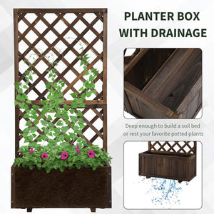 Raised planter in solid pine with integrated trellis, carbonized finish