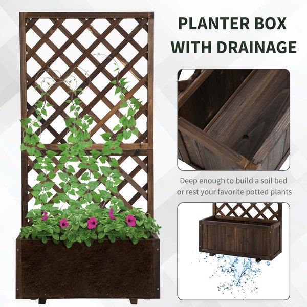 Raised planter in solid pine with integrated trellis, carbonized finish