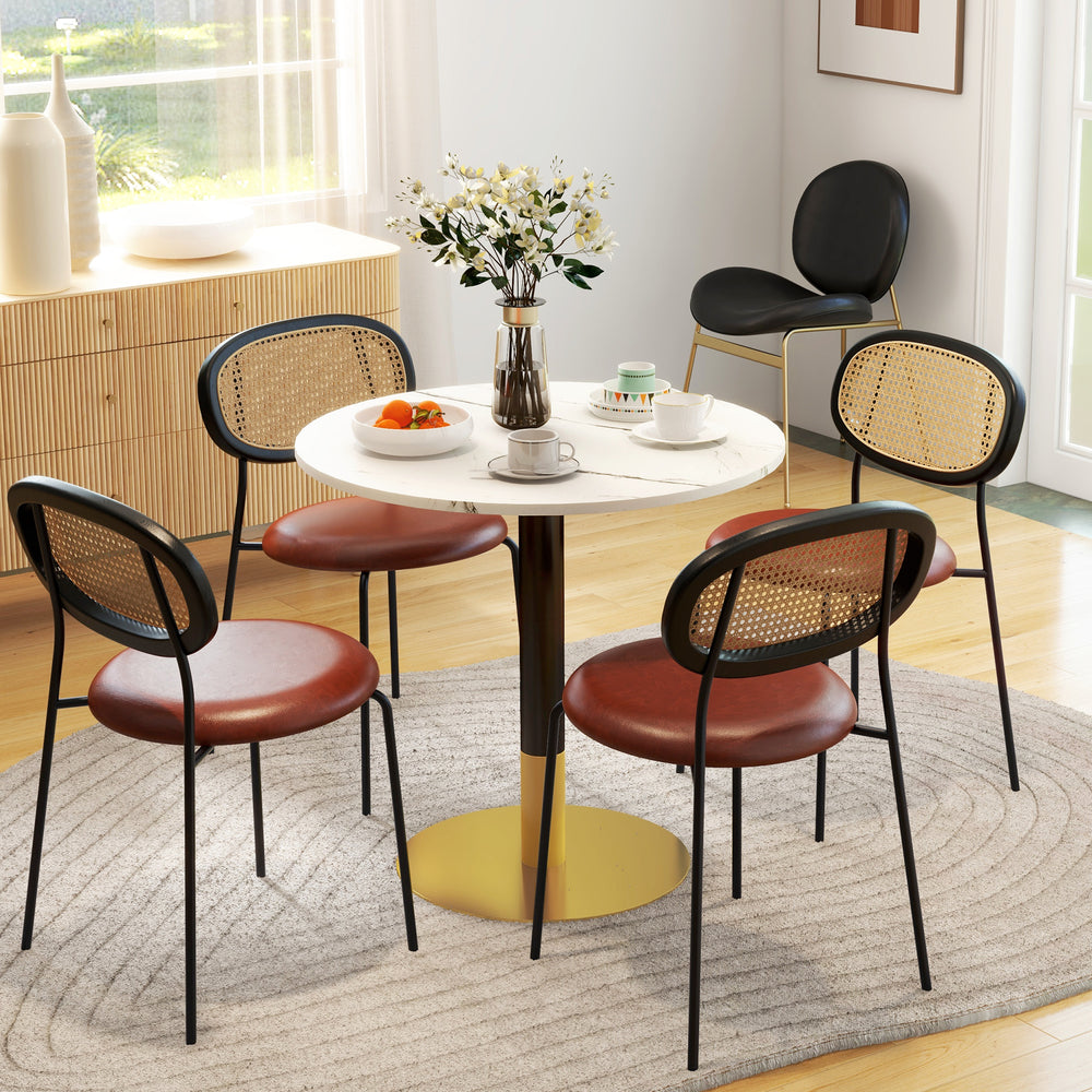 Round dining table with imitation marble top, steel base, white