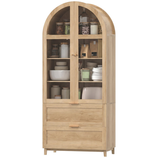 Garde-manger haut effet chêne avec portes arquées, tiroirs et tablettes ajustables