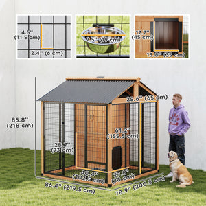 86" L Outdoor Dog House, Wooden Dog Kennel with Storage Cabinet, Stainless Steel Bowls for Large Breeds, Yellow