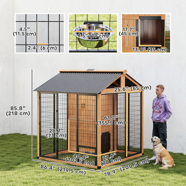 86" L Outdoor Dog House, Wooden Dog Kennel with Storage Cabinet, Stainless Steel Bowls for Large Breeds, Yellow