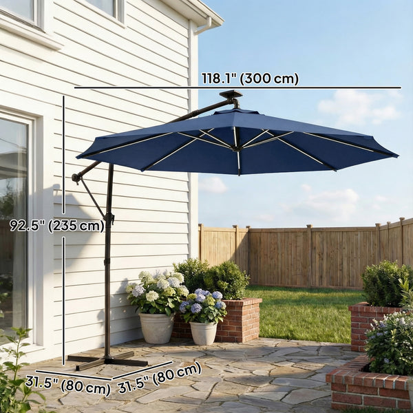 3m cantilever parasol with solar lighting, 360° rotation, tilt, and protective cover, navy blue