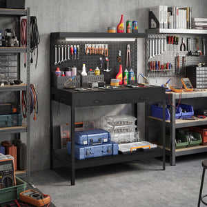 Workbench with LED Light and Power Strip, 43" Heavy Duty Work Table with Pegboard and Drawers for Garage Workshop, Black