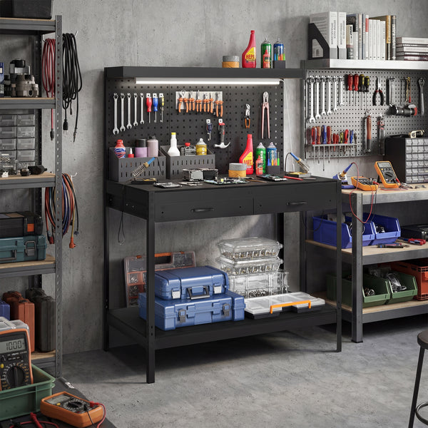 Workbench with LED Light and Power Strip, 43" Heavy Duty Work Table with Pegboard and Drawers for Garage Workshop, Black