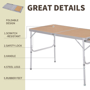4ft Picnic Table with Slide Shelf Outdoor Portable Aluminum Folding Table 2 Adjustable Height Light-weight Camping BBQ Party Dining Table w/ Carrying Handle