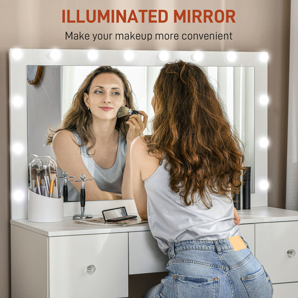Coiffeuse avec miroir et éclairage, 7 tiroirs et 14 LED, blanche