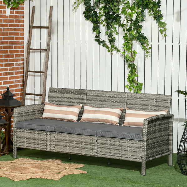 Canapé 3 places en résine tressée avec coussins amovibles, gris
