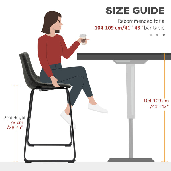 Set of 2 vintage style bar stools in faux leather, dark grey.