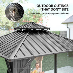 Gazebo toit rigide 10' x 10' avec double toit en acier galvanisé, structure en aluminium, gris foncé